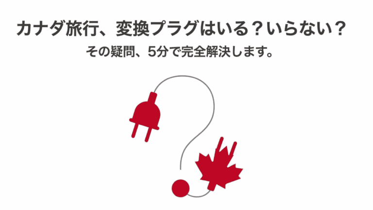 カナダの国旗(メープルリーフ)とコンセント、クエスチョンマークが描かれたタイトルスライド。「カナダ旅行、変換プラグはいる?いらない?」という文字。